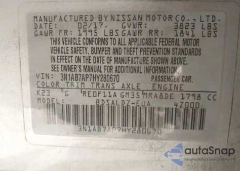 2017 Nissan Sentra Sv из США, поврежденный, VIN 3N1AB7AP7HY280670